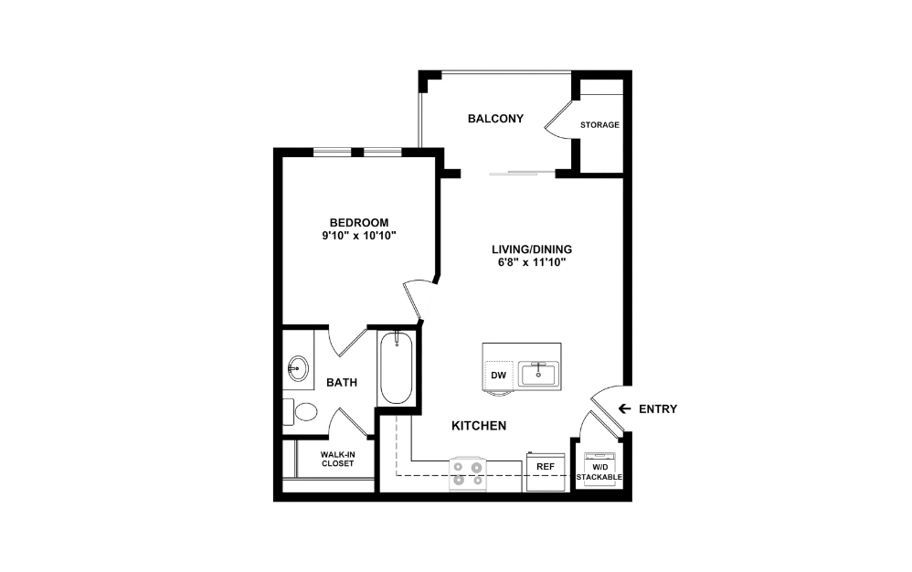 A1 - 1 bedroom floorplan layout with 1 bathroom and 535 - 550 square feet (2D)
