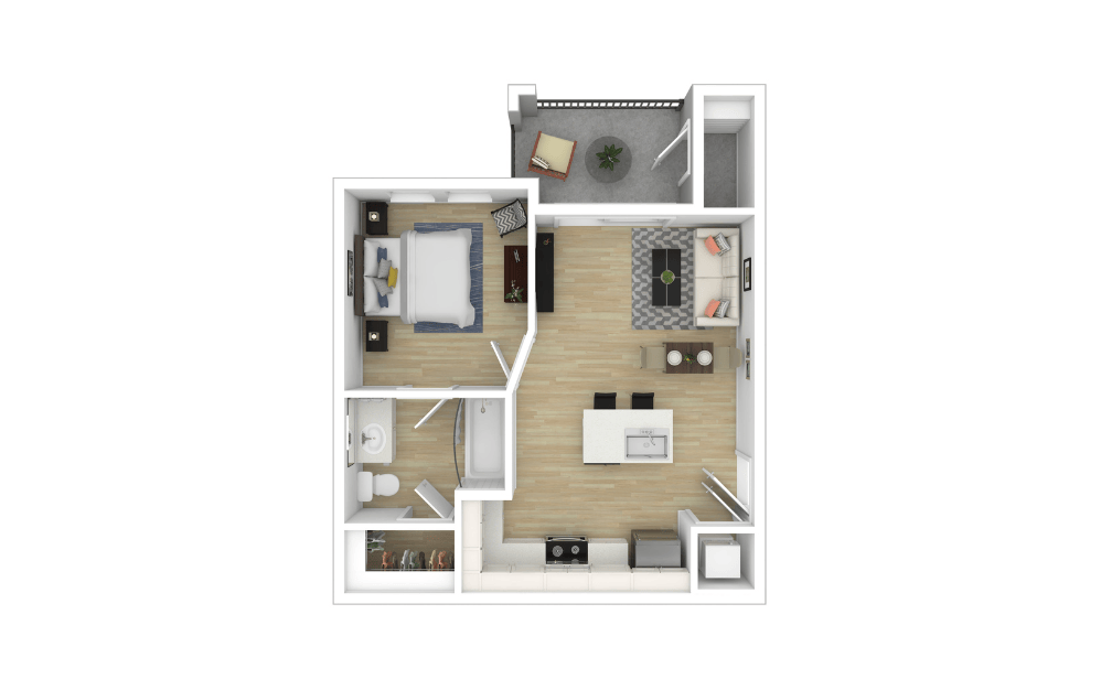 A1 - 1 bedroom floorplan layout with 1 bathroom and 535 - 550 square feet (Furnished, 3D)
