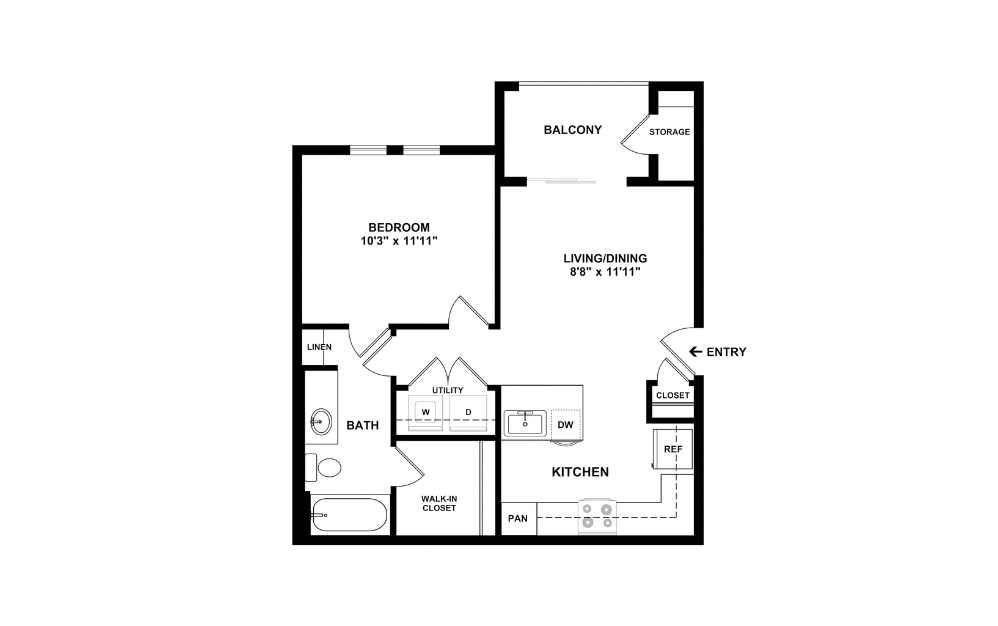 A2 - 1 bedroom floorplan layout with 1 bathroom and 586 square feet (2D)
