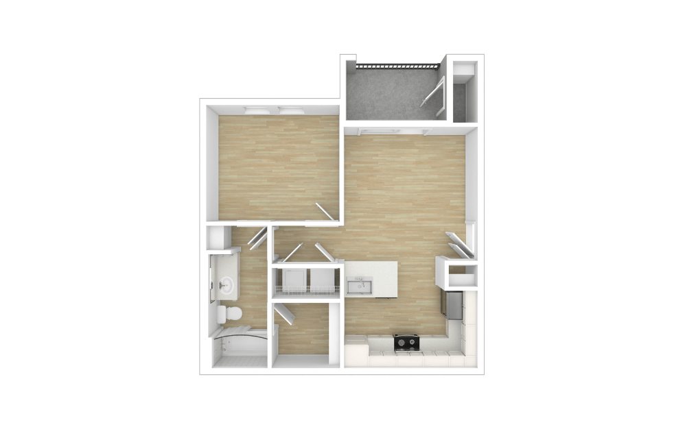 A2 - 1 bedroom floorplan layout with 1 bathroom and 586 square feet (Unfurnished, 3D)
