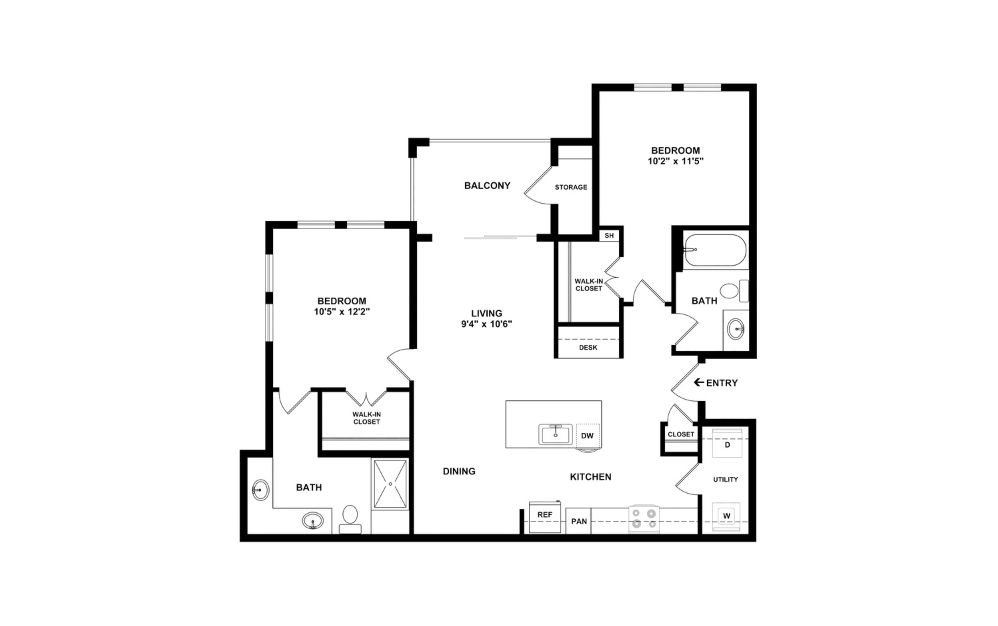 B1 - 2 bedroom floorplan layout with 2 bathrooms and 1018 - 1049 square feet (2D)