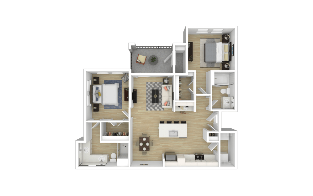 B1 - 2 bedroom floorplan layout with 2 bathrooms and 1018 - 1049 square feet