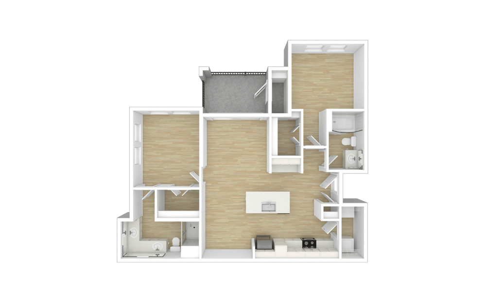 B1 - 2 bedroom floorplan layout with 2 bathrooms and 1018 - 1049 square feet (Unfurnished, 3D)