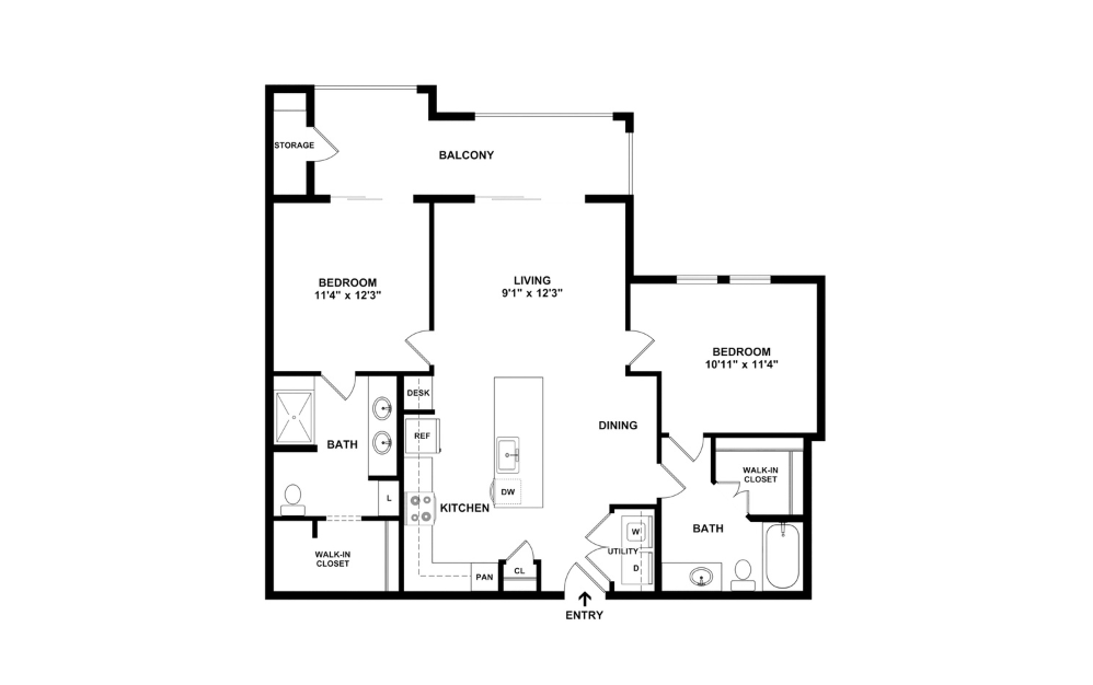 B2 - 2 bedroom floorplan layout with 2 bathrooms and 1100 square feet (2D)