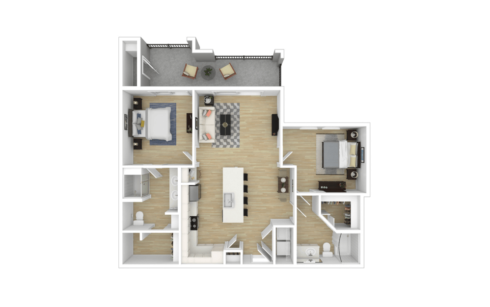 B2 - 2 bedroom floorplan layout with 2 bathrooms and 1100 square feet