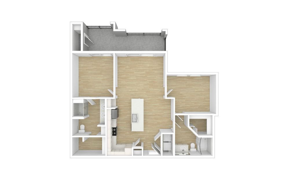 B2 - 2 bedroom floorplan layout with 2 bathrooms and 1100 square feet (Unfurnished, 3D)