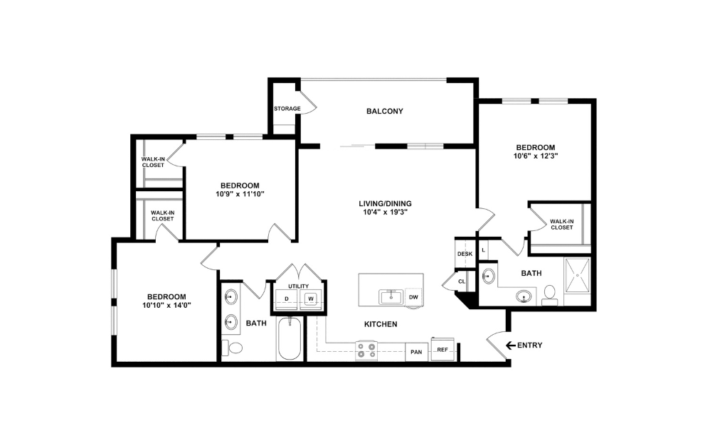 C1 - 3 bedroom floorplan layout with 2 bathrooms and 1284 square feet (2D)