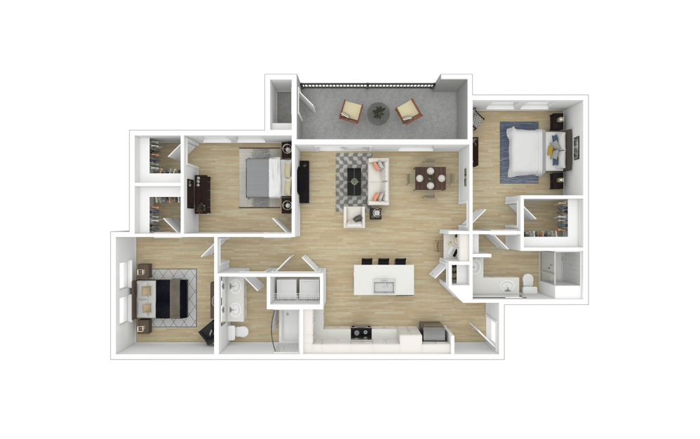 C1 - 3 bedroom floorplan layout with 2 bathrooms and 1284 square feet