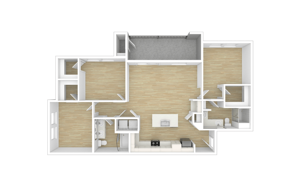 C1 - 3 bedroom floorplan layout with 2 bathrooms and 1284 square feet (Unfurnished, 3D)